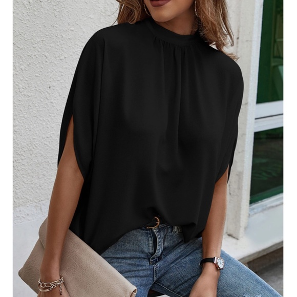 Black Blouse Top Flowy, High Neck - Picture 2 of 9